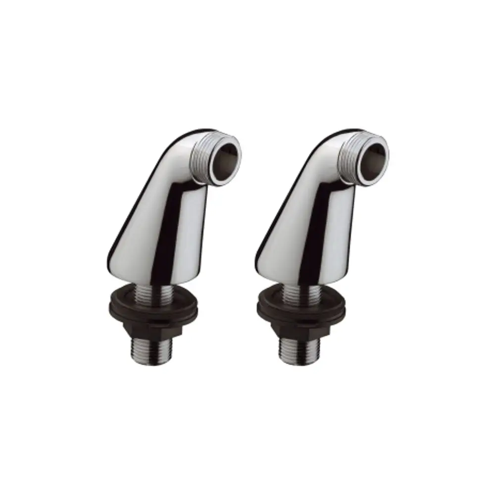 Montageset von Hansgrohe für Wannenrandmischer in glänzendem Chrom, bestehend aus zwei gekrümmten Rohren mit Gewindeanschlüssen und Unterlegscheiben.